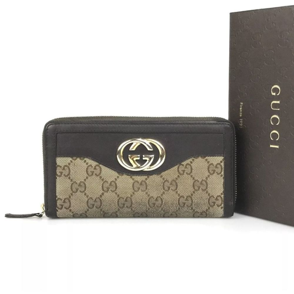 GUCCI WALLET ROUND ZIP GG Canvas Leather Brown 308012 0416 Authentic